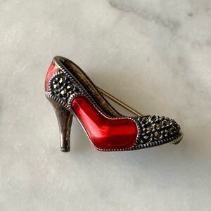 VTG Sterling Silver Judith Jack Red High Heel Brooch Pin Marcasite Enamel 925